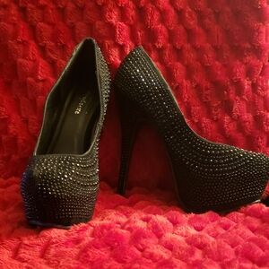 Black Crystal-Embellished Platform Pumps
